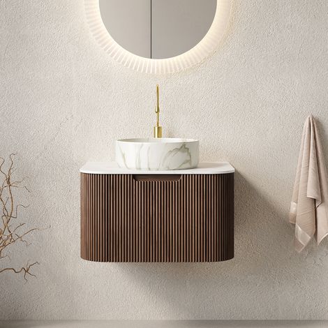 Optimiser l'Espace Bain : Meuble Suspendu 61 cm Noyer avec Vasque Ronde Céramique et Tiroir Soft-Close Silencieux (1/5)