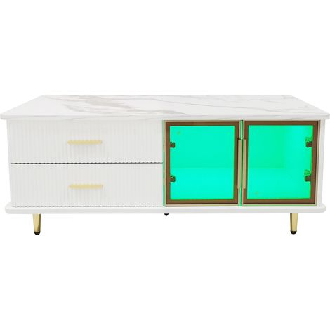 Table basse avec LED multicolore, verre trempé et plateau effet marbre, 100x50x40 cm, blanc et doré (1/5)