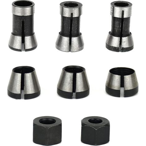 6Pcs Mandrin de Fraiseuse, 6 mm 6.35 mm 8 mm Collet Mandrin Affleureuse, Mandrin de Fraise à Bois, Pince de Serrage Defonceuse, Adaptateurs de Pince pour Machine à Graver +2 Écrous (1/5)