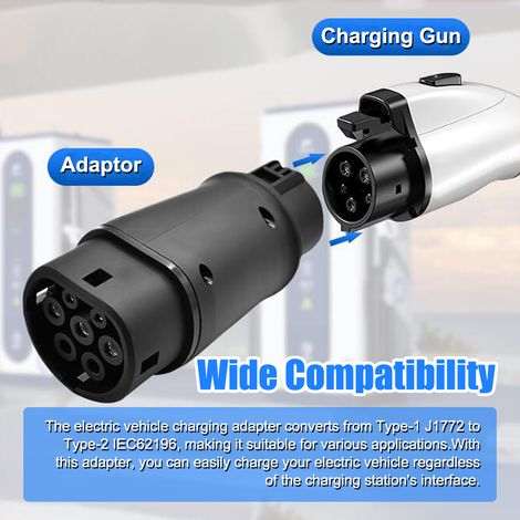 Ortviai Adaptateur de charge pour véhicules électriques – Type 1 (J1772) vers Type 2 (IEC 62196), noir, 16/32 A, IP54 (1/2)