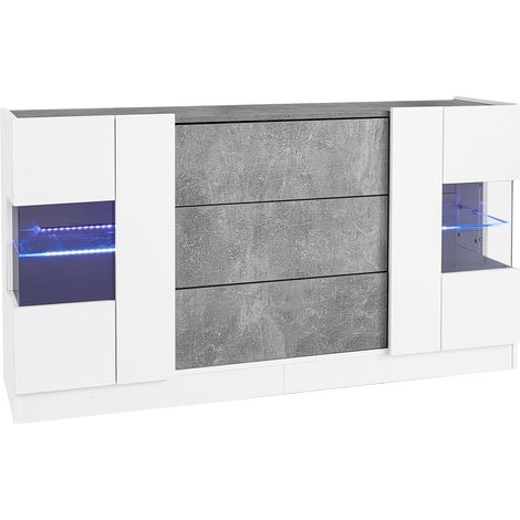 Buffet blanc brillant et marbre gris 140 cm de long, meuble avec éclairage led 16 couleurs, 2 portes et 3 tiroirs (1/5)