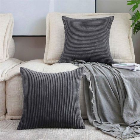 Taie D Oreiller - Velours Côtelé Rayé - 50 X 50 Cm - Gris Foncé - Lot De 2 (1/4)