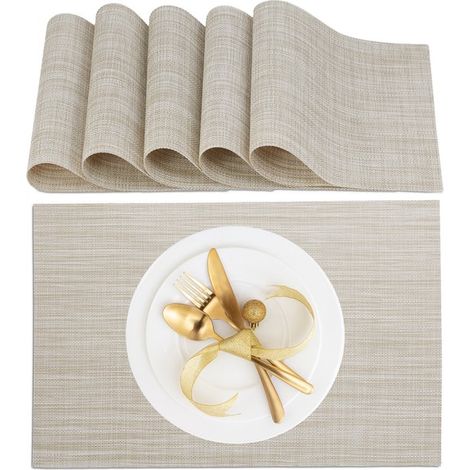 Juego de 6 manteles individuales - 45x30 cm - lavables - resistentes al calor - posavasos - color crema (1/5)