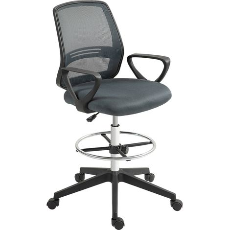 Chaise de bureau ergonomique avec accoudoirs et repose-pieds réglable, revêtement en maille, grise