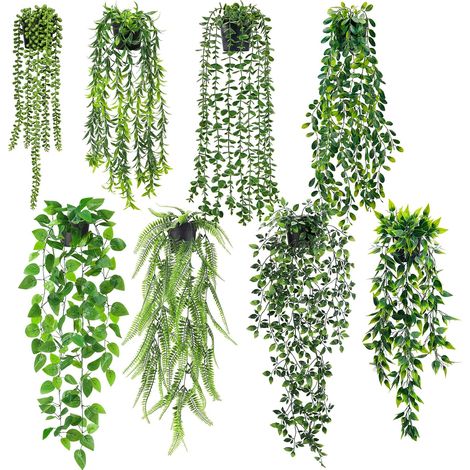 Lot de 8 plantes artificielles en pot à suspendre, lierre artificiel pour décoration de mur, étagère de salle de bain, intérieur ou extérieur (1/5)