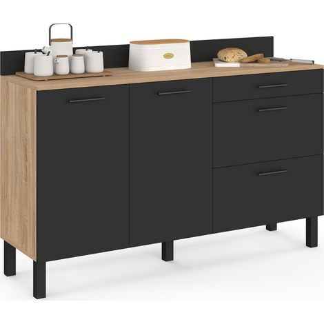 Buffet bas casserolier de cuisine 140 cm CINA plan de travail H.83 cm 2 portes + 3 tiroirs hêtre et noir (1/5)
