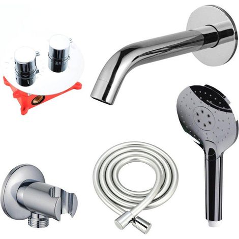 FugaFlow Eccelente Ensemble robinet de baignoire Acces - bec - 22cm raccourcissable - panneau de commande rond - flexible lisse - douchette ronde -