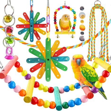 Lot de 8 jouets pour oiseaux pour perruches avec échelle colorée, hamac, accessoires de cage à oiseaux, perchoir, jouets à mâcher à suspendre pour perroquet (1/5)
