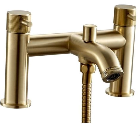 Round Deck Mounted Bath Shower Mixer Tap with Industrial Style Detailing - Brushed Brass