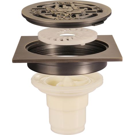 Drain de sol de salle de bain en bronze – Drain de sol de douche carré unique et antique avec fleurs gravées – Drain de sol de jardin 100 × 100 mm