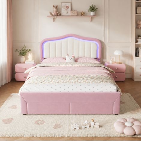 Letto imbottito per bambini 140/200 cm rosa con 2 cassetti e LED controllabile tramite app (1/5)
