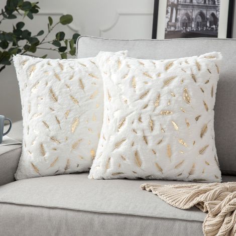 Housse de coussin carrée dorée 50 x 50 cm, taie d'oreiller en fourrure blanche automnale, décoration d'intérieur, chambre à coucher, salon, 2 pièces (1/4)