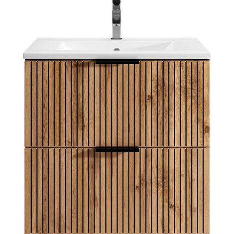 Mobile per bagno sospeso con scanalature e lavabo da incasso 60 cm Naturale chiaro e Nero - MADELA (1/4)