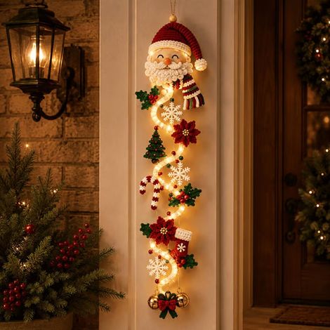 Décoration de Noël suspendue avec Père Noël et guirlande lumineuse LED blanc chaud, ornement fait main pour sapin et porte. Décoration de Noël pour la maison. (1/5)