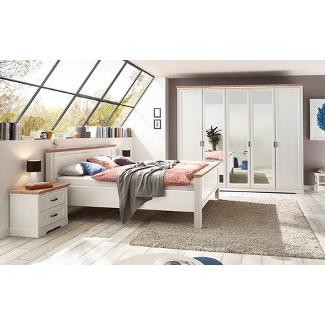 Schlafzimmer Set 4-teilig Bett 180x200cm Pinie weiß mit Eiche JÜLICH-77 (1/5)