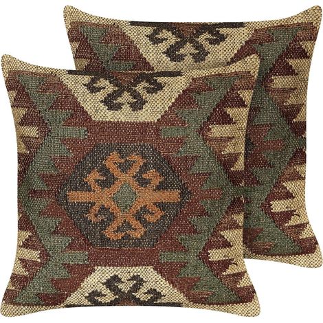 2 Coussins Faits Main Motif Oriental 45 x 45 cm en Jute Coton Multicolore Cumbum
