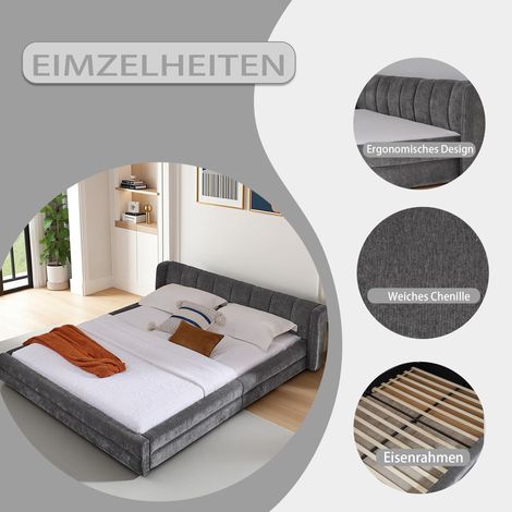 Lit double 140×200cm, tissu chenille, dossier confortable, cadre robuste en eucalyptus et fer, facile à monter, Gris foncé (sans matelas) (1/5)