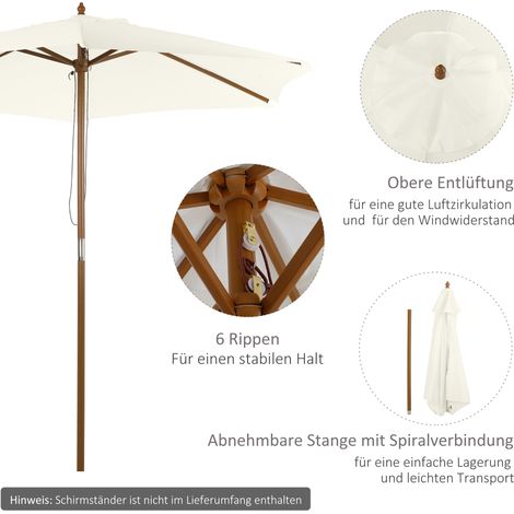 Parasol bambou Ø 250 cm avec poulie, résistant au vent, idéal pour balcon, terrasse, plage et jardin, protection solaire extérieure, blanc (1/4)
