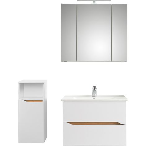 Badezimmer Set, 3-teilig, mit Keramik Waschbecken QUEIMADOS-66 in Weiß Glanz mit Weiß Hochglanz, B/H/T ca. 110/200/45 cm (1/5)