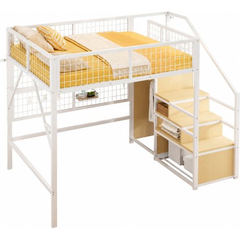 Lit mezzanine 140x200 en métal blanc avec escalier de rangement, LED pilotées par application, espace bureau dessous et armoire ouverte, pour chambre d'enfant  CHICFURN (1/5)