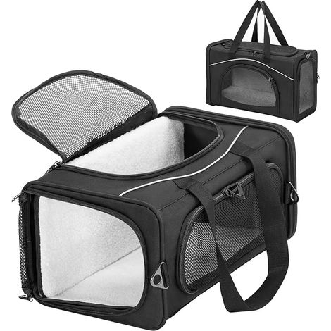 Petsfit Sac de Transport pour Chat Chien avec 2 Coussins - Caisse de Transport Pliable Bandoulière Démontable Lavable, pour Voyage Avion, Voiture, S/Noir
