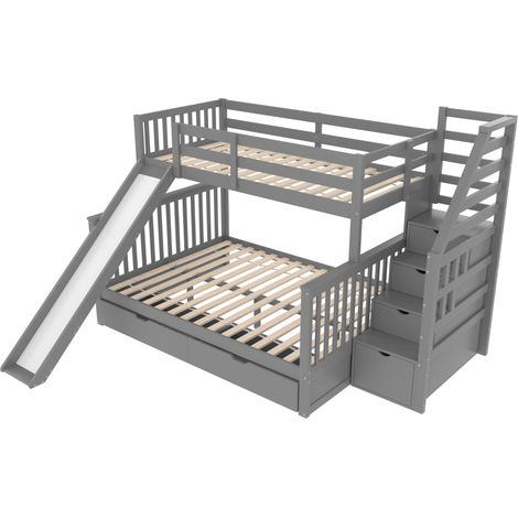 Letto a castello per bambini 90 x 200 / 140 x 200 grigio con scivolo, scala e cassetti (1/5)