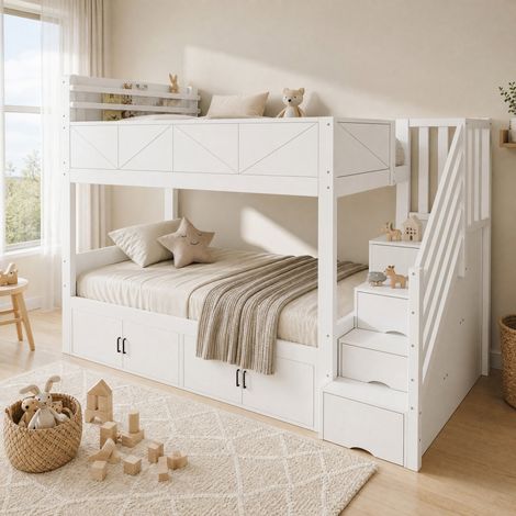 Letto a castello per bambini 90x200 cm con contenitori, bianco DESVIAE (1/5)