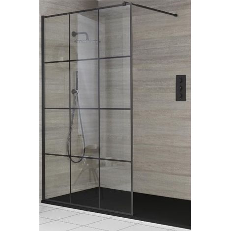 Milano Barq Black Recessed Walk In Wet Room Shower Enclosure with Grid Pattern Screen  Support Arm and Graphite Slate Effect Tray - 1400mm x 800mm (1/5)