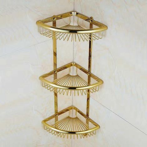 Étagère d'angle de salle de bain, étagère murale triangulaire dorée à trois niveaux, antirouille, avec crochets (1/4)