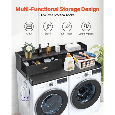 Comptoir pour lave-linge et sèche-linge à 2 tiroirs avec étagère à 2 niveaux, surface de comptoir en bois, avec coussinets antidérapants, pour organisation et rangement de la buanderie, noir (1/5)