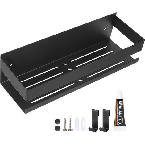 Étagère Douche Murale 30CM Etagere Salle de Bain avec 2 Crochets, Porte Savon Douche sans Perçage, Tablette Acier INOX Étagère de Rangement Support Salle de Bain, Porte pour Shampoing Gel Noir (1/5)