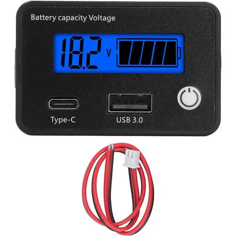 Digitaler Batteriemonitor mit LCD-Bildschirm, DC 8 bis 30 V, USB-Typ-C-Anschluss, Anzeige von Batteriekapazität und Spannung für Akkus