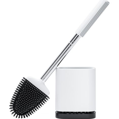 Brosse de toilette en silicone pour salle de bain et support de brosse, conception à long manche, peut être posée au sol ou fixée au mur. (1/5)
