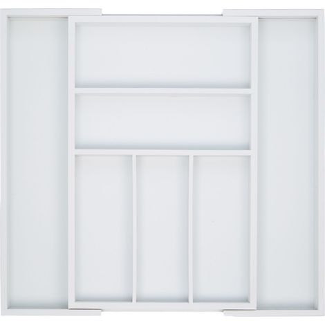 Relaxdays Besteckkasten Schublade, ausziehbar, variable Breite, 5 - 7 Fächer, Bambus Organizer, HxBxT: 5x48x46cm, weiß (1/5)