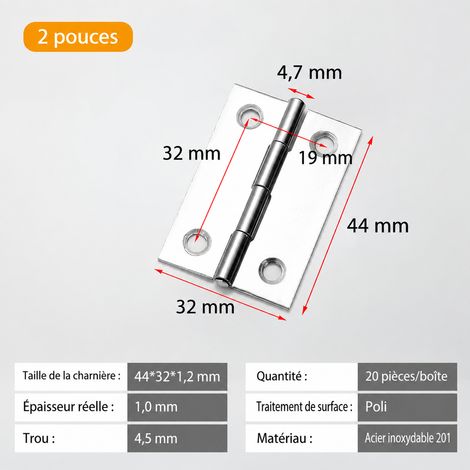 Charnière plate 2 pouces 4 trous en acier inoxydable 44x32 mm épaisseur 1,2 mm 2 4 1.2 44 110 g – Livraison gratuite