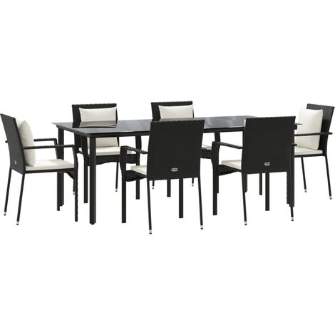 Conjunto de comedor de jardín de 7 piezas de mimbre de resina negra con cojines 020014467