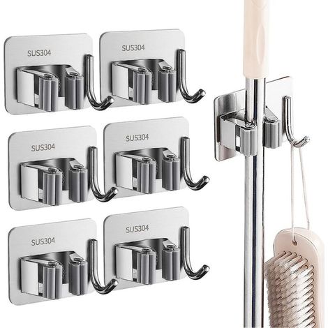 Wandmontierter Besen- und Mopphalter aus Edelstahl mit Haken für Küche, Garten, Balkon, Garage, Waschküche – 6er-Set (1/5)