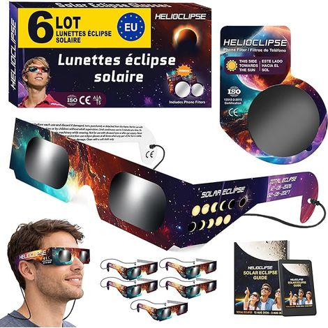 Helioclipse 6x Lunette Eclipse Solaire 2026 ISO 12312-2 - Lunettes Eclipse Solaire - Lunette pour Eclipse Solaire - Bonus 1x filtre pour téléphone