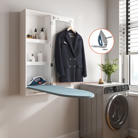 Armoire murale avec table à repasser intégrée, miroir, MDF blanc 34 x 17,5 x 94 cm REDOM (1/5)