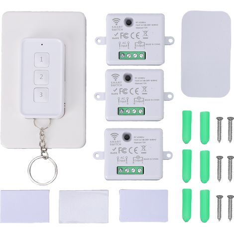 Kit d'interrupteur d'éclairage sans fil, sans câblage, kit mural de télécommande pour lampes, plafonniers, ventilateurs, 3 gangs et 3 disjoncteurs 433 MHz (1/5)