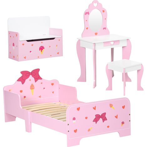 ZONEKIZ 4PCs Kids Bedroom Furniture Set W/ Bed, Toy Box, Dressing Table, Pink (1/5)
