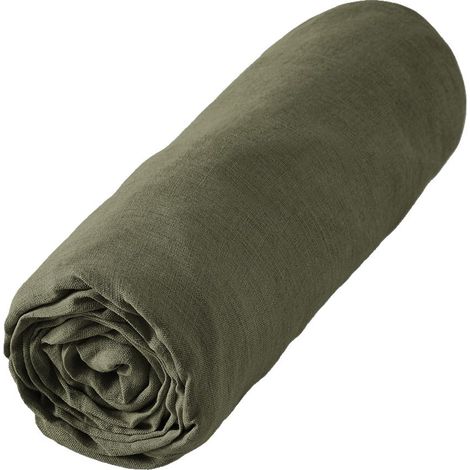 MARGAUX - Drap Housse 140x190cm Lin Lavé Coloris Thym (1/3)