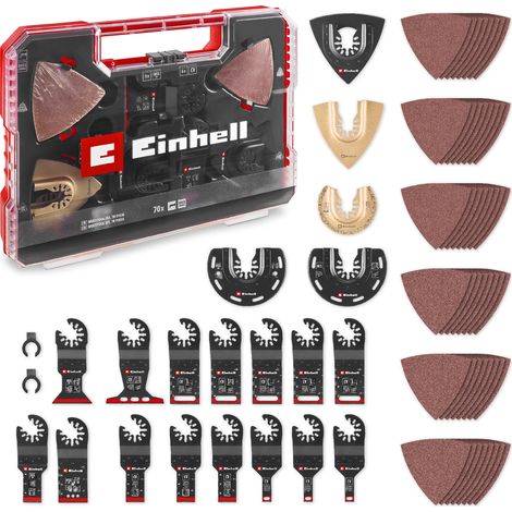 Einhell Set de 70 Accessoires universels pour outils multifonctions pour le bois et métal (lame de scie plongeante CrV, lame de scie semi-circulaire HCS, plaque de support Delta , grattoir flexible)