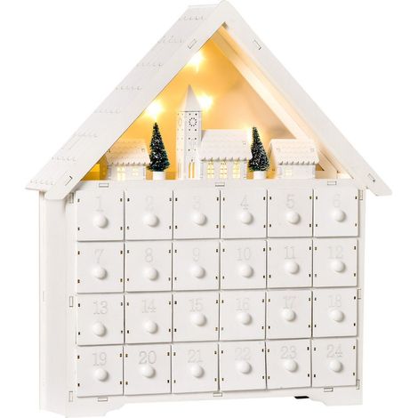 CALENDARIO DELL'AVVENTO IN LEGNO 24 CASSETTI E VILLAGGIO DI NATALE CON ALBERI + LUCI 39X9X42 CM BIANCO (1/5)