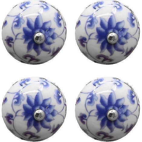 Poignée En Céramique - Poignée De Tiroir Et De Porte Antiquisée Bleu Blanc - Fixation À Deux Trous - Lot De 4 (1/5)