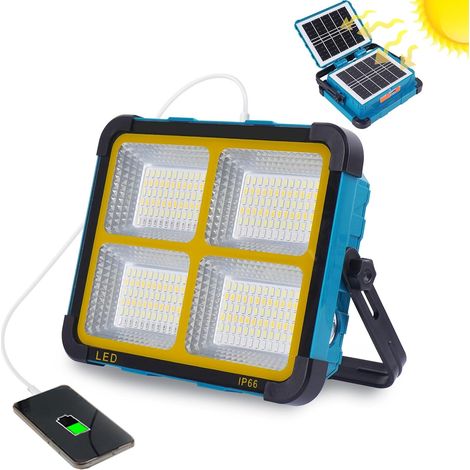 Projecteur LED Rechargeable 150W,Portable Lampe Chantier avec Pliable Panneau Solaire Batterie Rechargeable/5 Modes/11000mAh Power Bank/Étanche Lampe de Travail Pour Camping,Pêche,Urgence (1/5)
