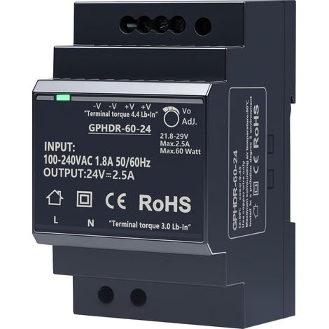 Alimentation 24V din 2.5A 60W hdr-60-24 Entrée 100–240V CA, sortie constante 24V CC/2.5A avec protection contre les surtensions, les surcharges, les surintensités et les courts-circuits. (1/5)