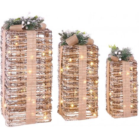 Set di 3 scatole regalo natalizie decorative marroni e beige con fiocchi e luci LED bianco caldo per interni Valkama (1/5)