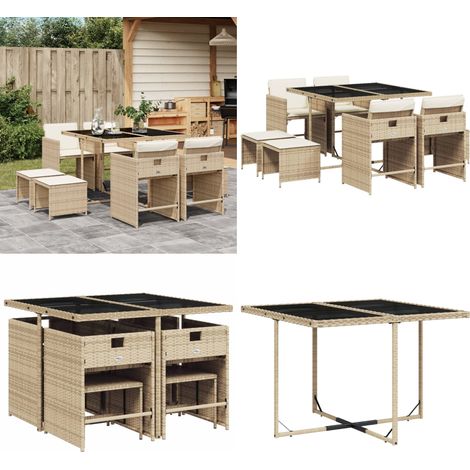 9-tlg. Garten-Essgruppe mit Kissen Beige Poly Rattan - Gartenmöbel Set - PE-Rattan Möbel - Outdoor Esstisch - Gartenstühle - Gartenhocker - Home & Living