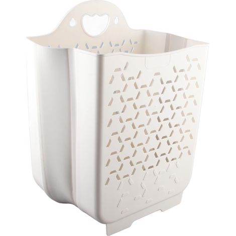 Panier à linge suspendu pliable en PP, fixation murale, blanc, idéal pour la buanderie d'une chambre d'étudiant. (1/5)